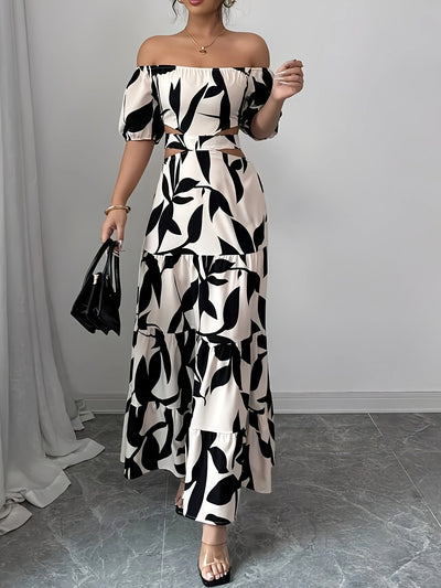 Maxikleid mit Blumendruck - Carmen-Ausschnitt, asymmetrisches Unterteil
