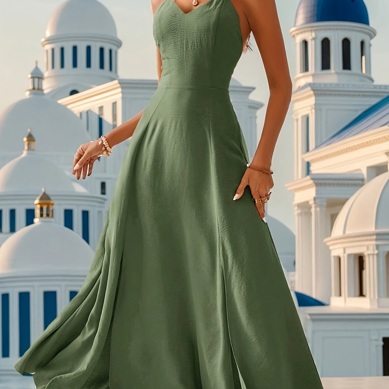 Grünes Maxikleid mit Schlitz und Spaghettiträgern