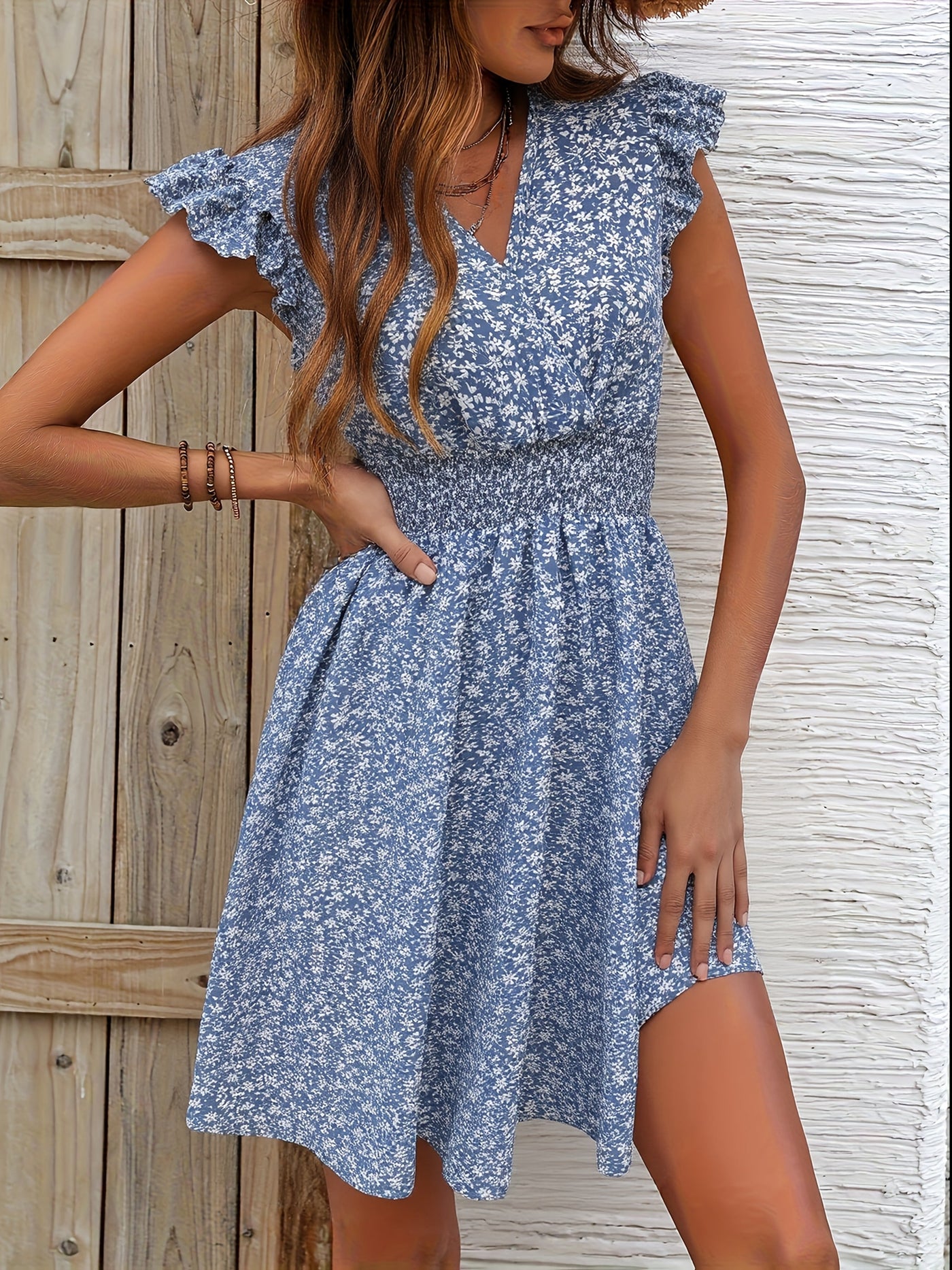 Blaues geblümtes A-Linien-Kleid mit V-Ausschnitt für Frühling und Sommer