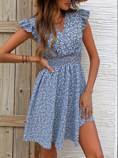 Blaues geblümtes A-Linien-Kleid mit V-Ausschnitt für Frühling und Sommer