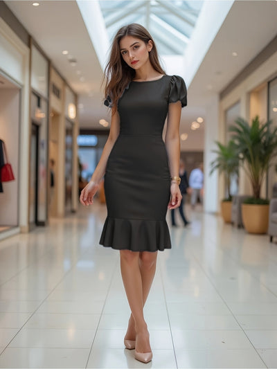 Elegantes A-Linien Kleid mit Puffärmeln Schwarz Blau