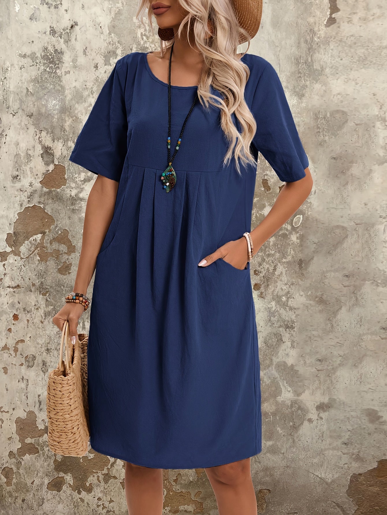 Baumwollkleid mit Taschen, kurze Ärmel für alle Jahreszeiten