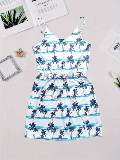 Damen Sommerkleid mit Trägern, tropischem Palmen- und Streifenmuster + Gürtel