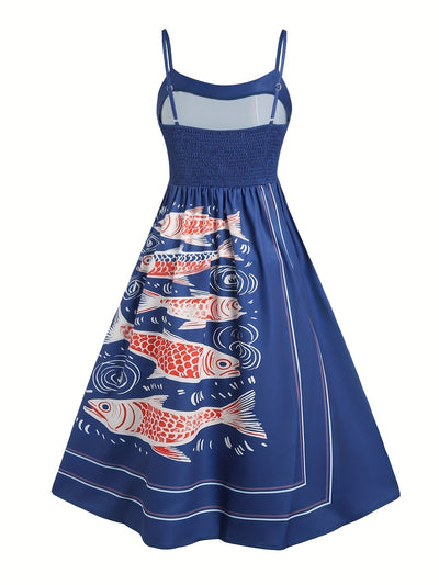 Ferienkleid mit Koi-Motiv Maxikleid ohne Ärmel marineblau