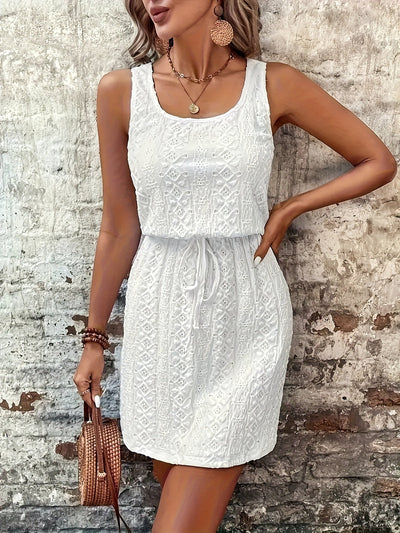 Elegantes Kleid mit Spitze und Kordelzug in der Taille Geometrisch weiß ärmellos