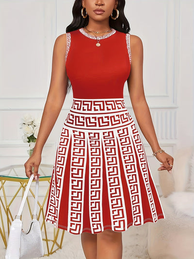 Sexy ärmelloses Damenkleid - Rot und Weiß mit geometrischem Muster