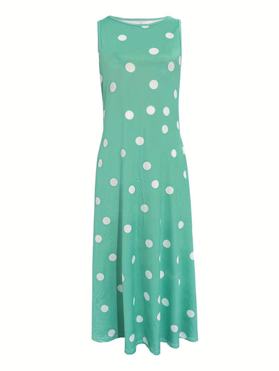 Damen Sommerkleid Polka Dot Langes Ärmelloses Schößchen Bequemes Urlaubskleid