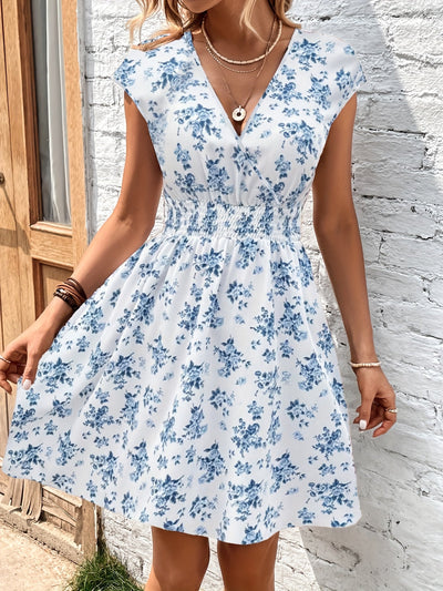 Elegantes Damenkleid mit tiefem Ausschnitt und floralem Muster - Schnitt A