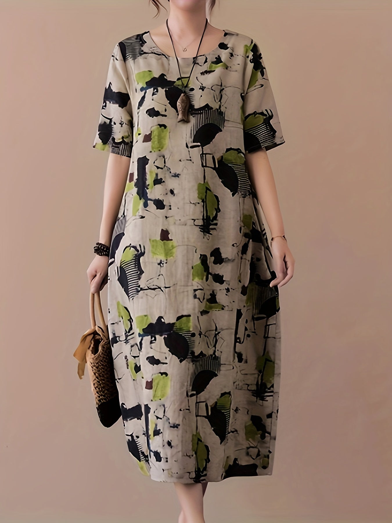 Elegantes Leinen-Midikleid mit ausdrucksstarkem abstraktem Muster