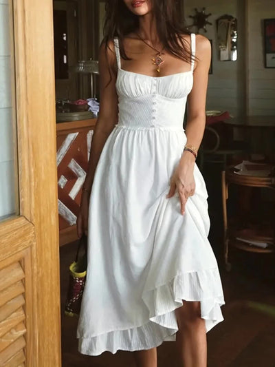 Weißes Midi-Sommerkleid mit Volants und Trägern