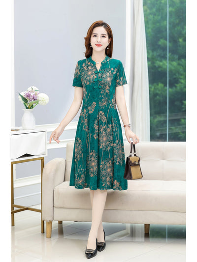 Floral gemustertes Kleid mit frechem Ausschnitt - kurze Ärmel - für Damen