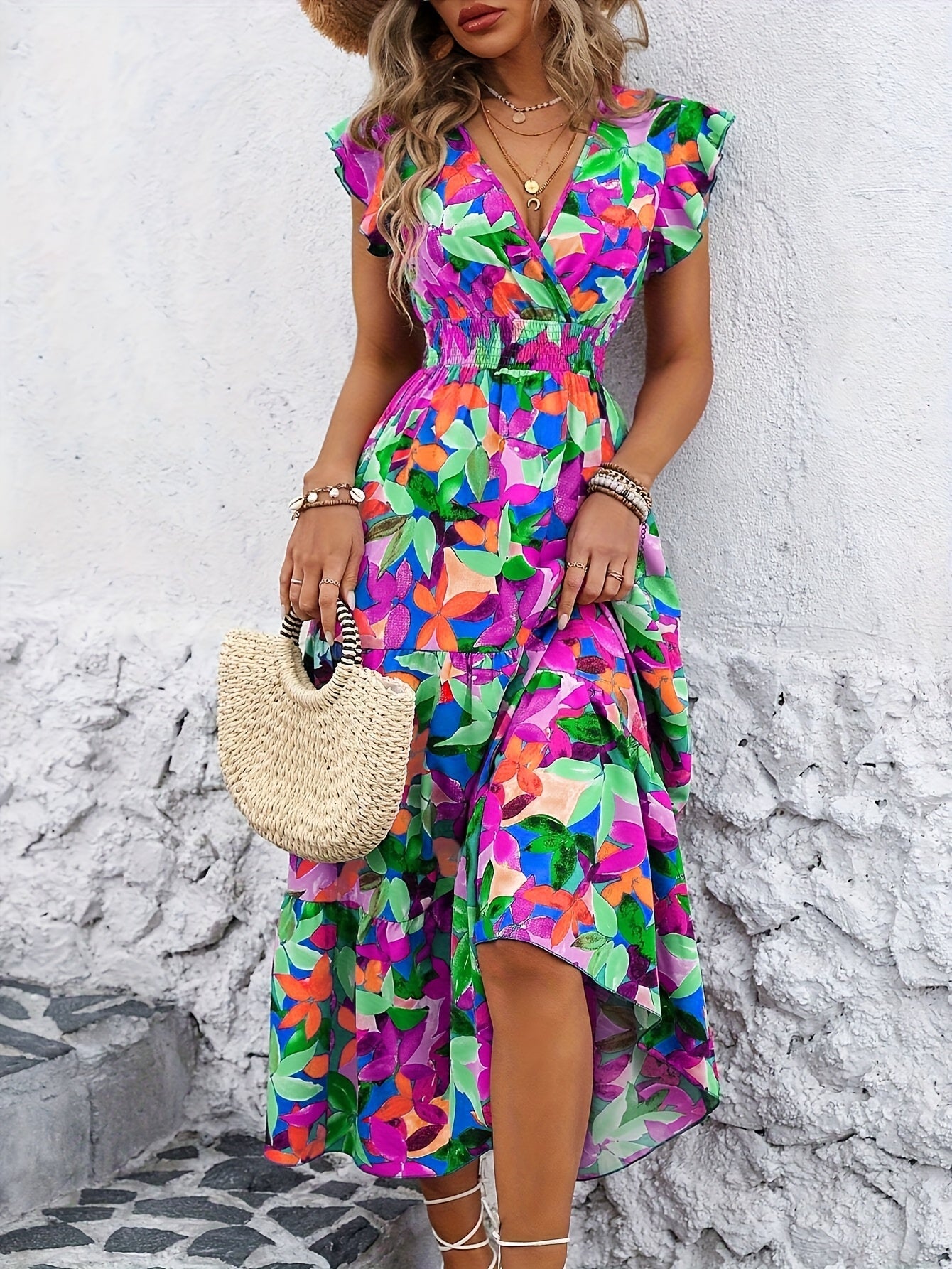 Stilvolles Maxikleid mit Blumenmuster, V-Ausschnitt und gerafftem Rock