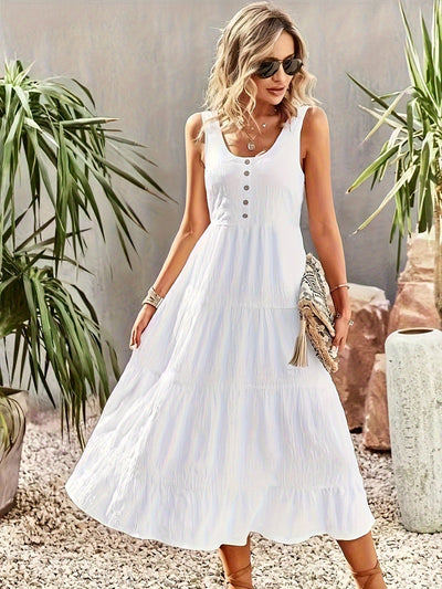 Weißes Maxi Kleid ohne Ärmel mit U-Ausschnitt, Volants und Knöpfen – Einfach für Frühling/Sommer