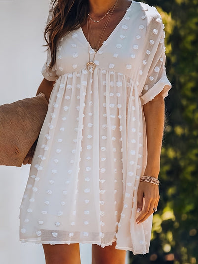 Damen-Sommerkleid aus weißem Erbsentüll mit leichtem V-Ausschnitt