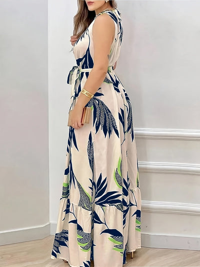 Elegantes ärmelloses langes Kleid mit tropischem Blumenmotiv