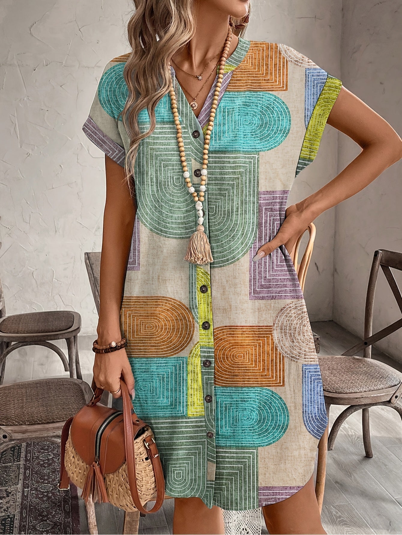 Sommerliches Midi-Kleid mit geometrischem Muster und Knopfleiste – Mehrfarbig