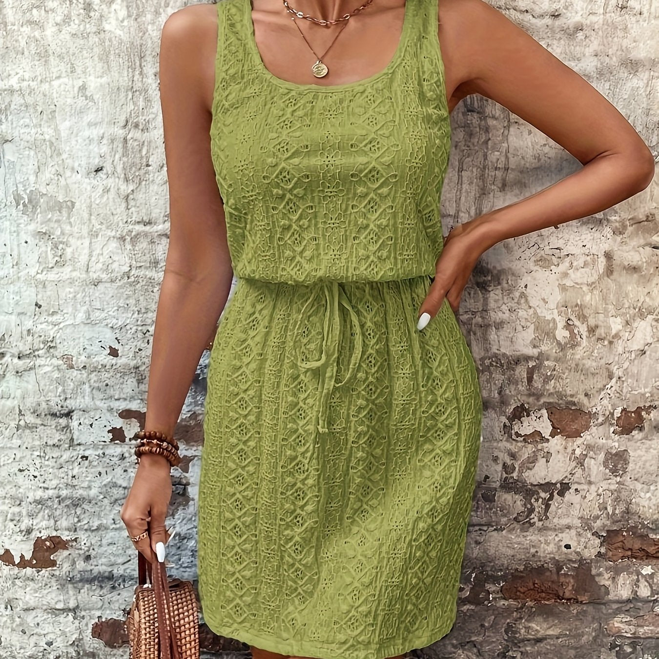 Elegantes Kleid mit Spitze und Kordelzug in der Taille Geometrisch weiß ärmellos