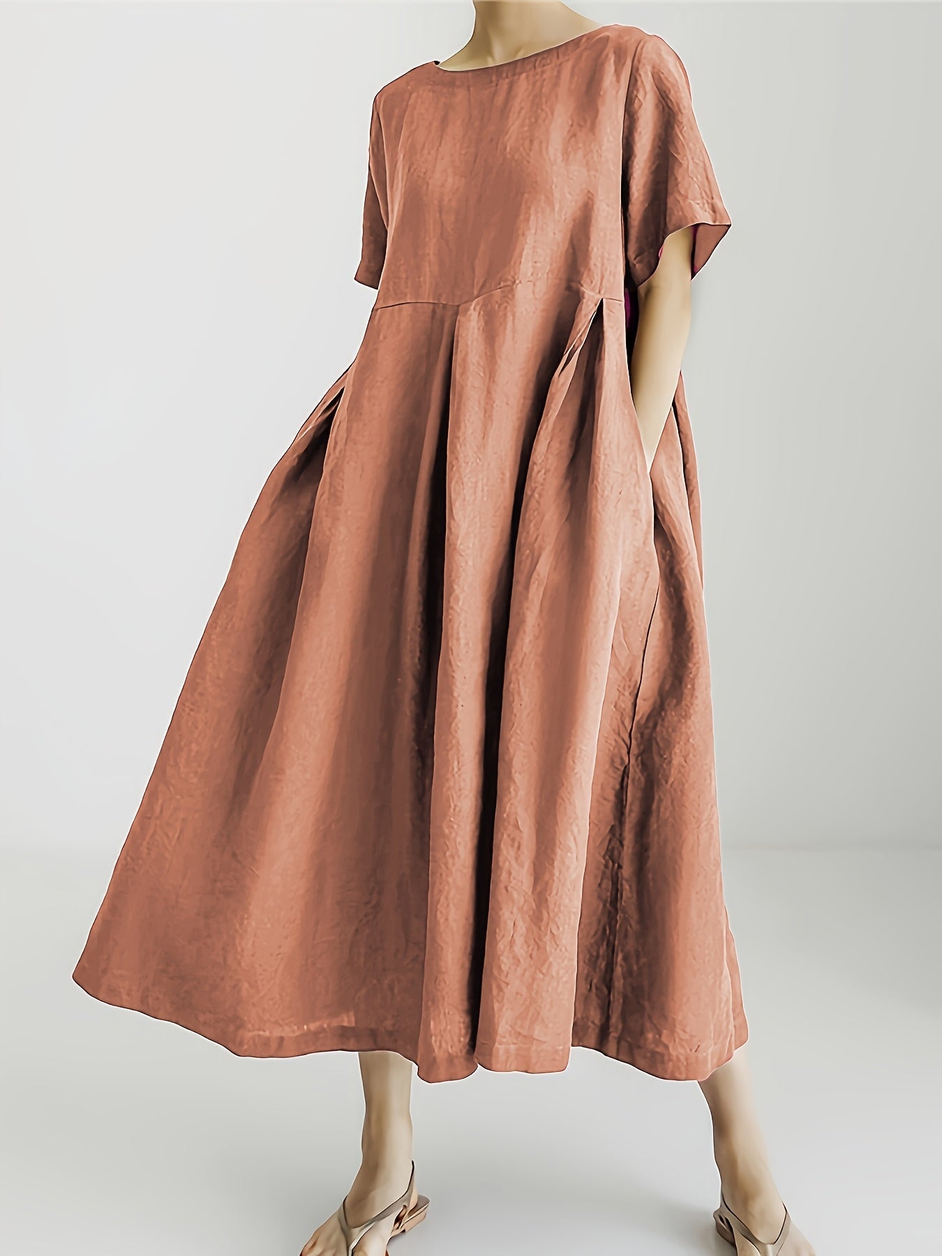 Leinen-Mix Midi-Kleid mit Taschen – Kurzarm Hochtailliert Sommermode