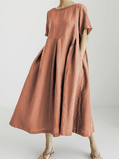 Leinen-Mix Midi-Kleid mit Taschen – Kurzarm Hochtailliert Sommermode