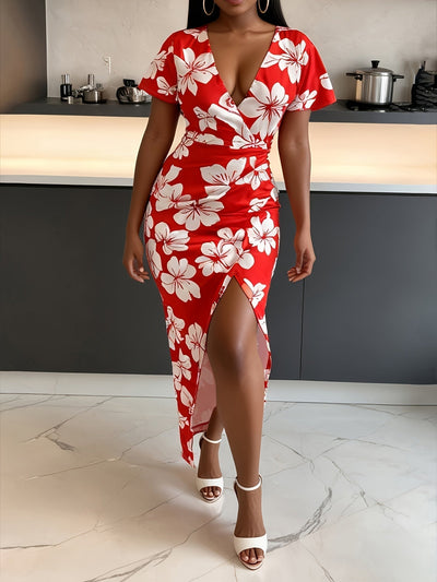 Rotes Bodycon-Kleid mit Blumenmotiv Mini-V-Ausschnitt Kurze Ärmel
