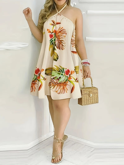 Sommer-Damenkleid mit offener Schulter und Krawatte im Nacken - Locker mit Druck