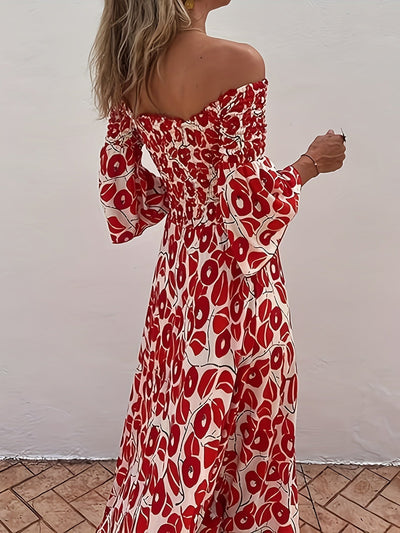 Maxikleid mit Rüschen - trägerlos mit blauen und roten Motiven