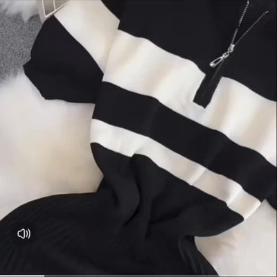 Lässiges gestreiftes Damen-Strickkleid mit Reißverschluss