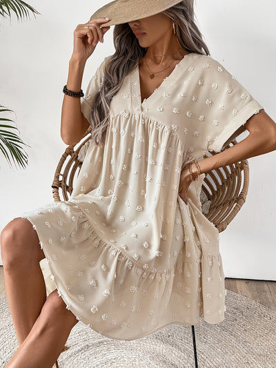 Eryu Damenkleid mit V-Ausschnitt und Knöpfen – Apricot, ideal für den Alltag