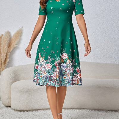 Marineblaues geblümtes Kleid mit S-Ausschnitt und Rüschensaum - Leichtes Midikleid