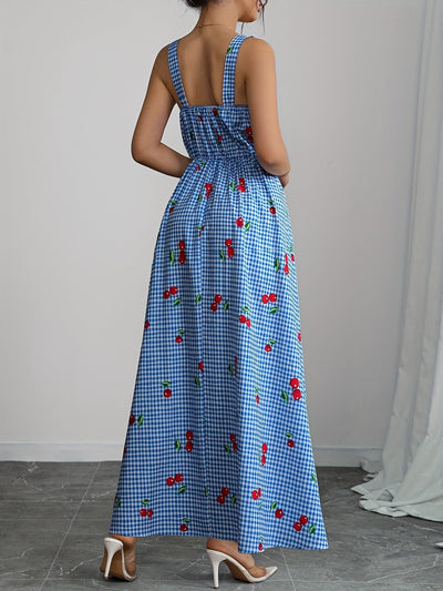 Sommerliches blau kariertes Maxikleid mit Kirschenprint und schmalen Trägern