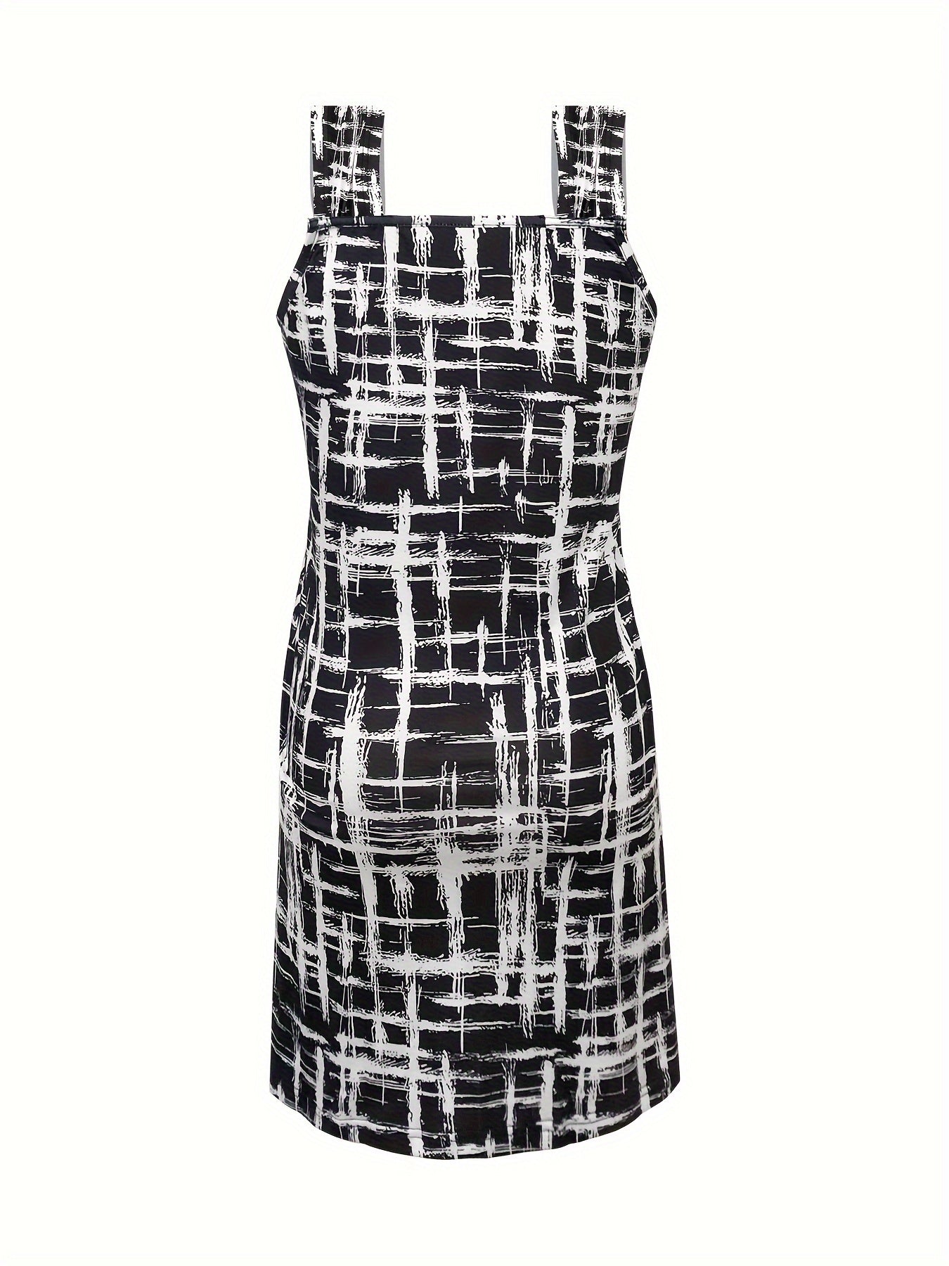 Elegantes schwarz-weißes geometrisches ärmelloses Kleid mit Metallring