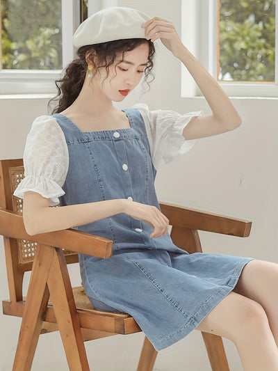 Damen Vintage Denim Kleid mit quadratischem Ausschnitt