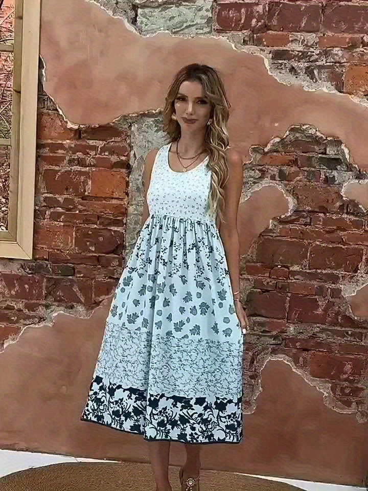 Damen Boho Midi-Kleid ohne Ärmel mit Blumenmuster