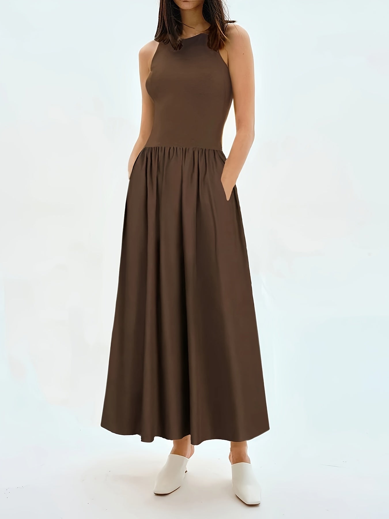 Casual Midi-Kleid für Damen mit Plissiertem A-Linien-Schnitt in Unifarben