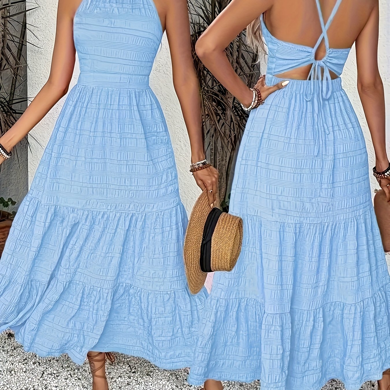 Damen Urlaubskleid, leicht, Maxi A-Line für den Strand, blau