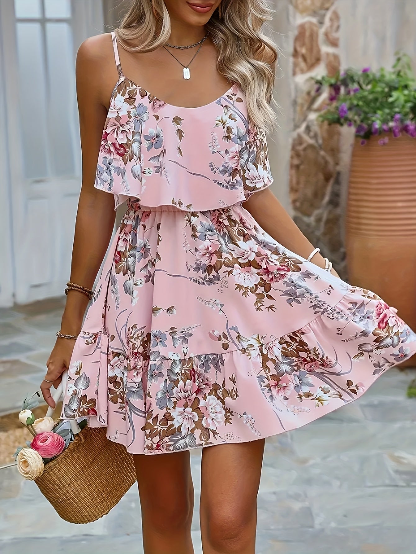 Spanisches rosa geblümtes Sommerminikleid mit Volants