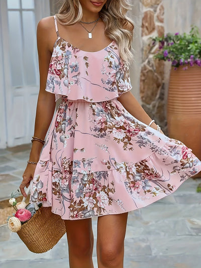 Spanisches rosa geblümtes Sommerminikleid mit Volants