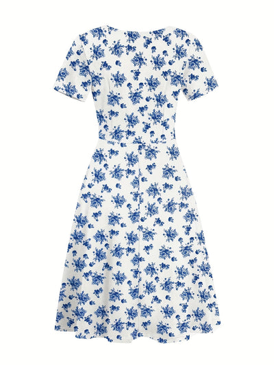 Elegantes Midikleid mit tropischem Blätterprint – V-Ausschnitt, kurze Ärmel