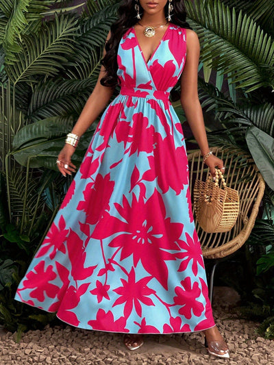 Elegantes Blaues Florales Maxikleid mit Ausschnitt für Frauen