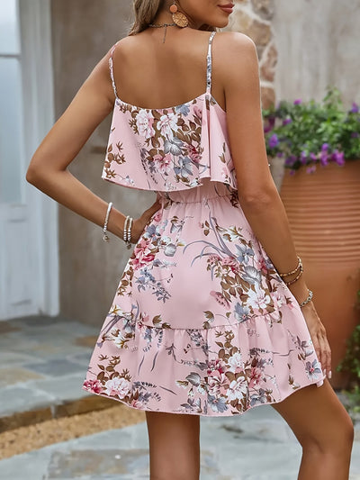 Spanisches rosa geblümtes Sommerminikleid mit Volants