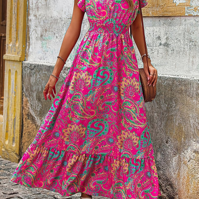 Rosa Midikleid für Damen mit V-Ausschnitt und Paisleymuster