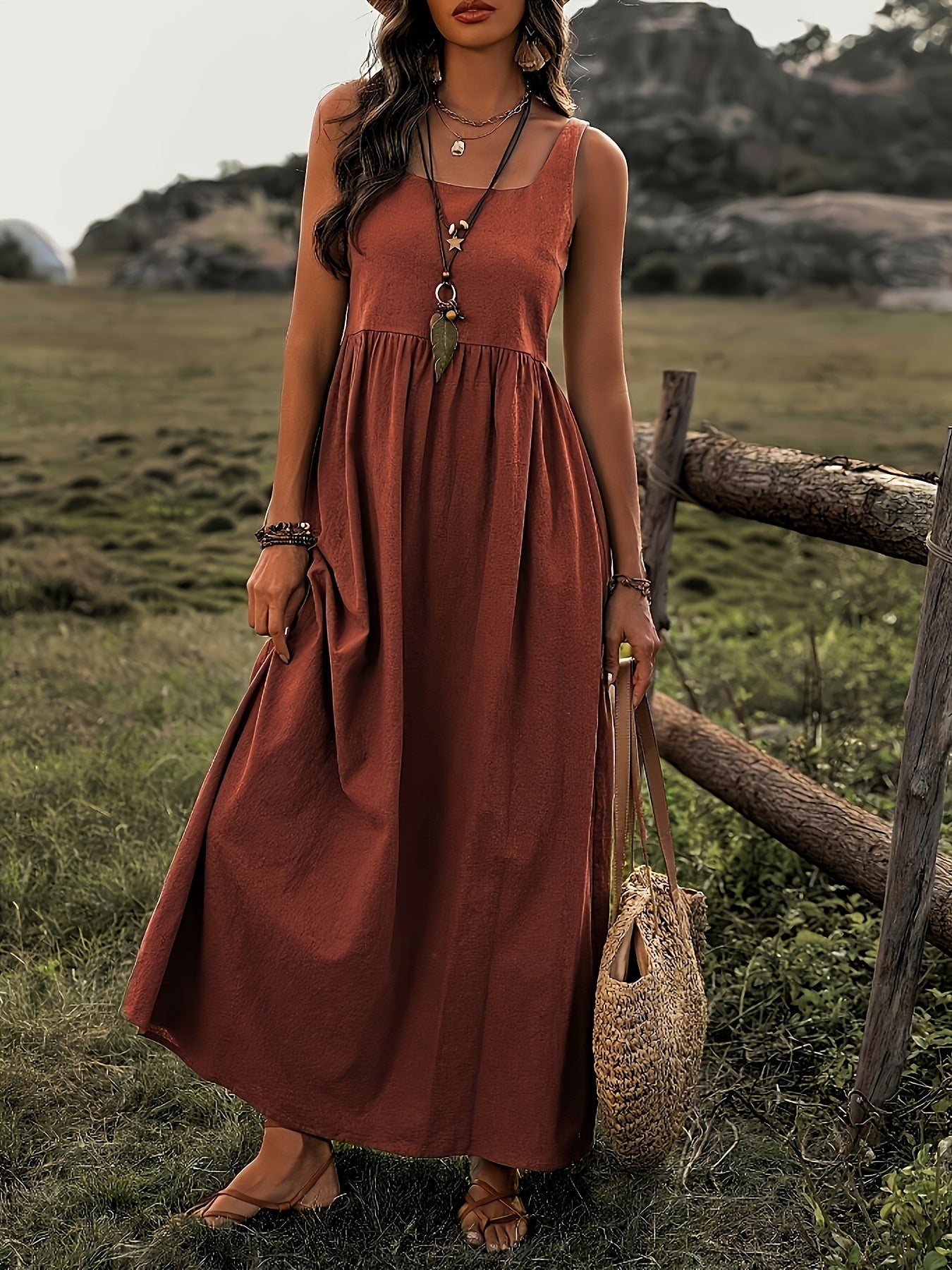 Atmungsaktives, maschinenwaschbares braunes Sommerkleid