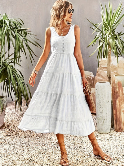 Weißes Maxi Kleid ohne Ärmel mit U-Ausschnitt, Volants und Knöpfen – Einfach für Frühling/Sommer
