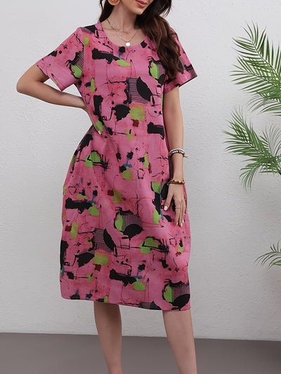 Elegantes Leinen-Midikleid mit ausdrucksstarkem abstraktem Muster