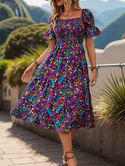 Schulterfreies Kleid mit Blumenmuster und Laternenärmeln Lila