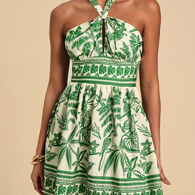 Sommerkleid mit grünem und schwarzem Blumenmuster und Schnürung