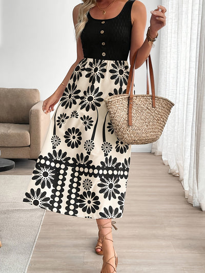 Feminines schwarzes Maxikleid mit ärmellosem floralem Muster Elegantes Kleid
