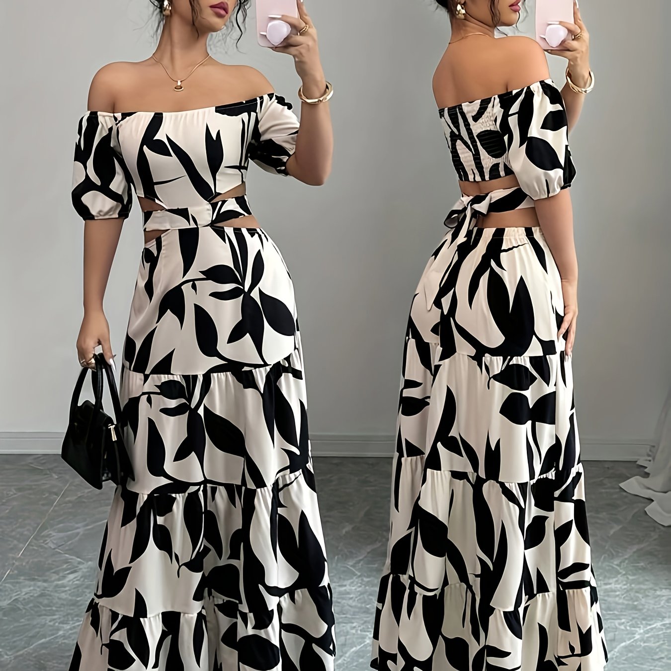 Maxikleid mit Blumendruck - Carmen-Ausschnitt, asymmetrisches Unterteil