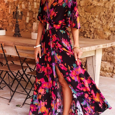 Midi-Kleid mit Blumenmuster, V-Ausschnitt und Gürtel im A-Linien-Schnitt