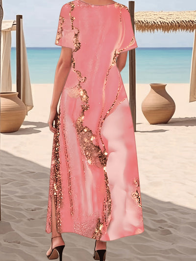 Damen-Tunika-Kleid mit Marmormuster – Kurzarm